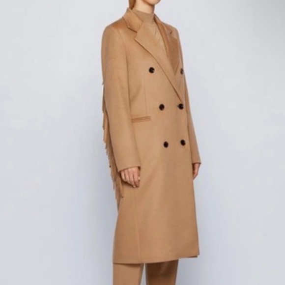 Hugo Boss Long-Line Coat in Virgin Wool with Fringe Detailing